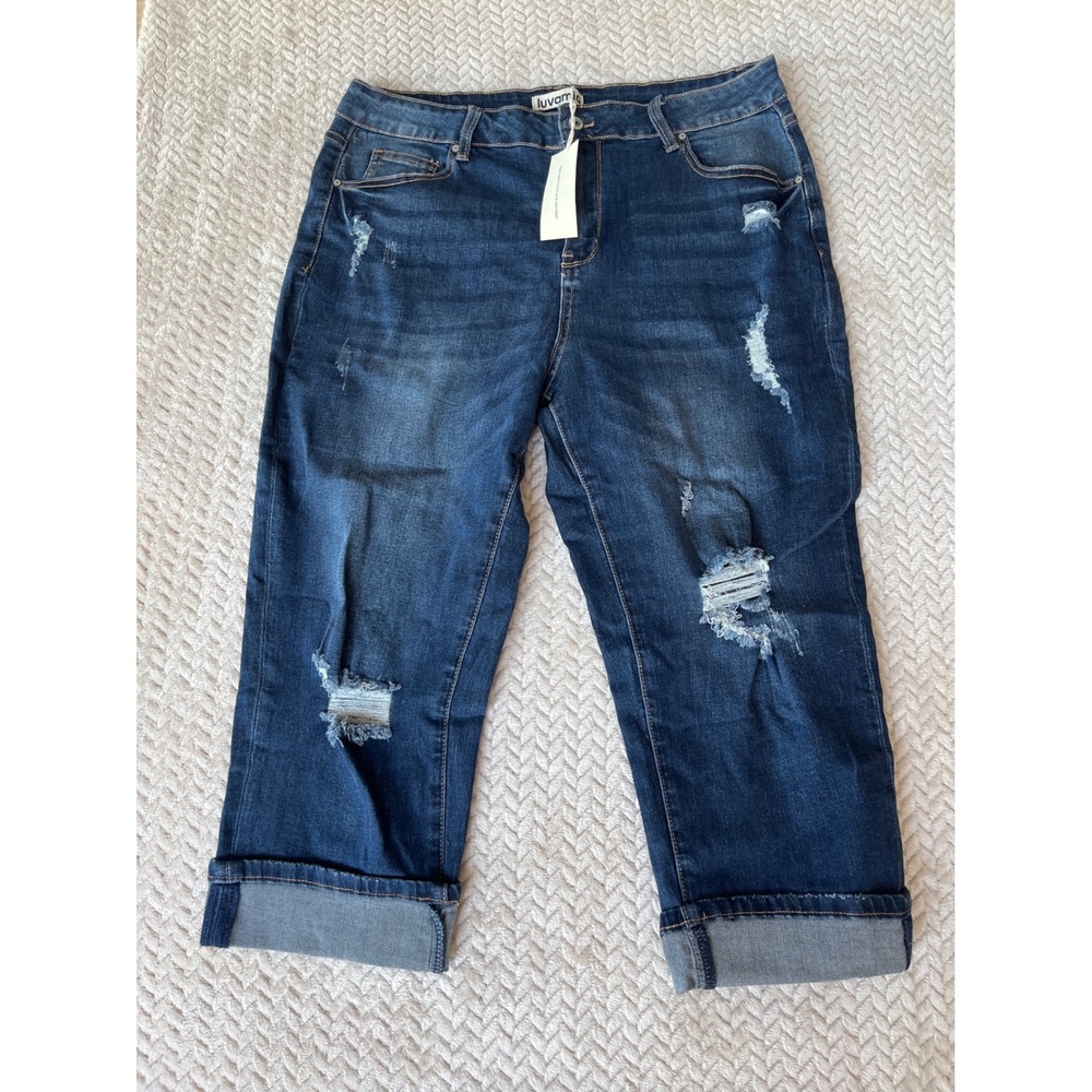 Luvamia Women Distressed Denim Capri Jeans Dark Wash Cuffed Cropped XL LC7871282